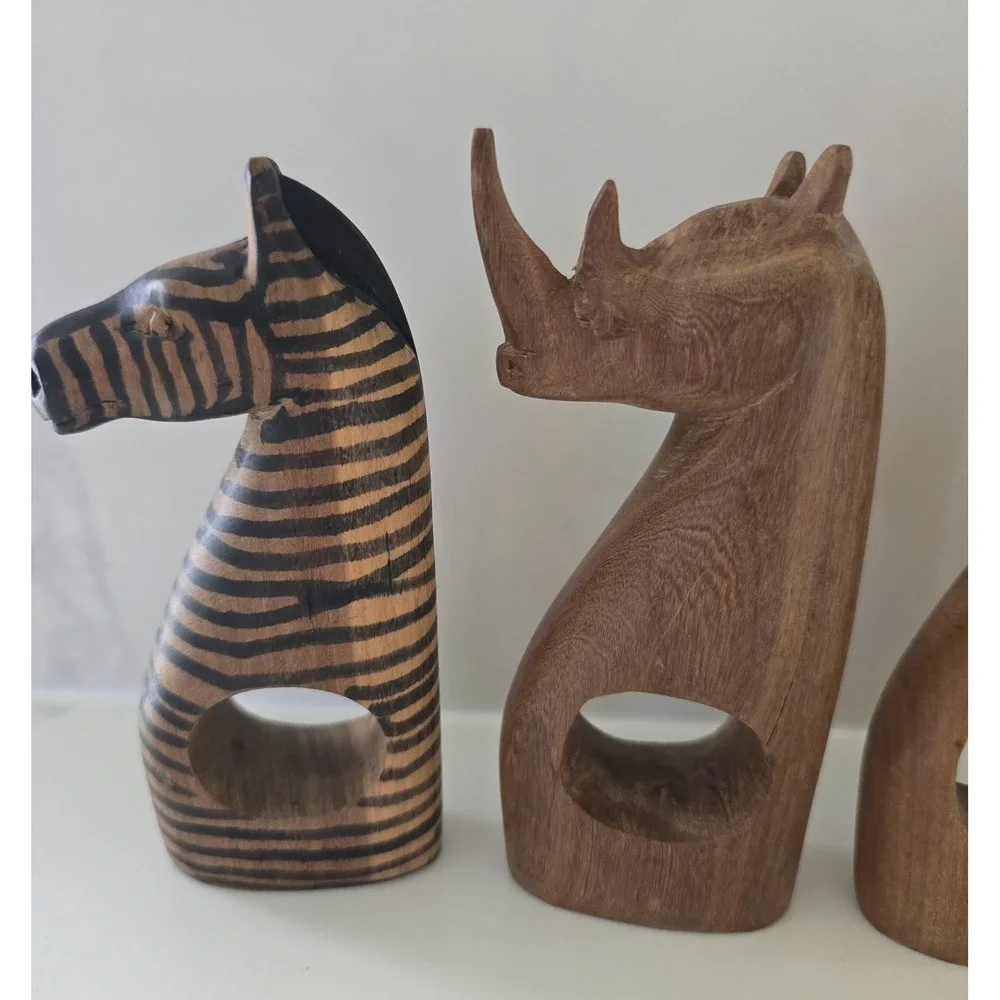 Vintage African Animals Besmo Kenya Hand Carved Wooden Napkin Rings Set Of‎ Six